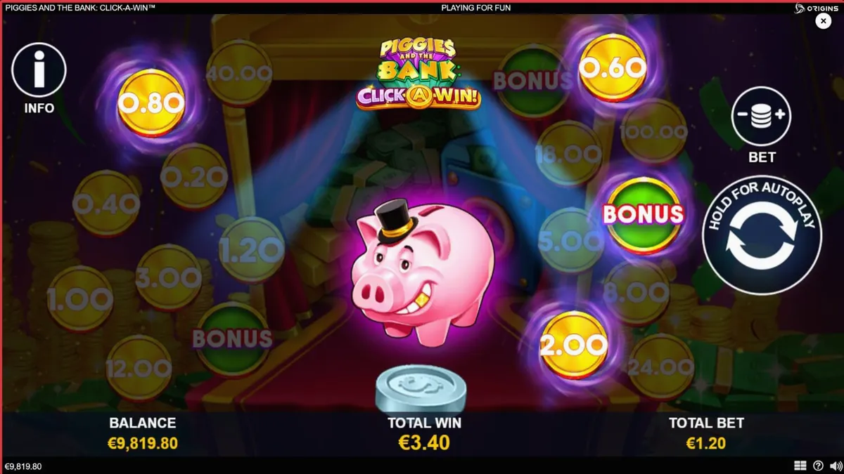 Piggies and the Bank: Click-A-Win slot machine interface with golden coins and a piggy bank character